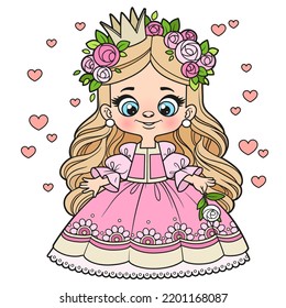 Cute cartoon longhaired princess girl with rose in hand color variation for coloring page on white background