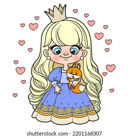 Cute cartoon longhaired princess girl in a lush dress with soft toy fox color variation for coloring page on white background