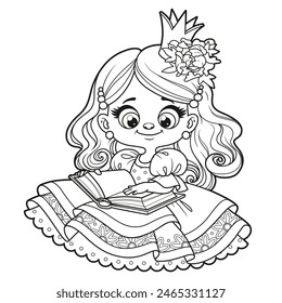 Linda niña princesa de pelo largo de dibujos animados leyó un libro delineado para colorear página sobre fondo blanco. Imagen producida sin el uso de ningún tipo de software de IA en ninguna etapa