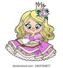 Cute cartoon longhaired princess girl read a book color variation on white background. Image produced without the use of any form of AI software at any stage.