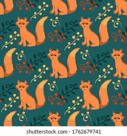 Cute cartoon looking fox hand drawn seamless pattern vector illustration