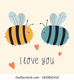 Cute cartoon love bees with lettering I love you. Vector flat illustration. Greeting card for Valentine's day. Great design element for sticker, patch or poster. 