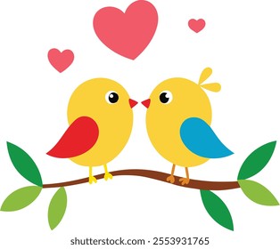  Cute cartoon love birds kissing on a tree branch with hearts above, perfect for love, romance, and Valentine’s Day-themed designs or decorations.