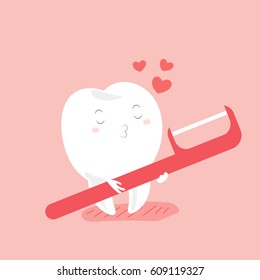 cute cartoon love teeth and floss with pink background
