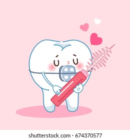 cute cartoon love teeth wear brace and interdental brushes with pink background