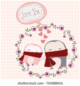 Cute cartoon love you owl bird,lovely character smile and satisfied in rose frame border, happy animal pattern by hand draw doodle comic style, set vector design for valentine or birthday card