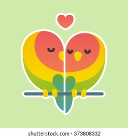 Cute cartoon lovebird parrots couple. Valentine's day card vector illustration.