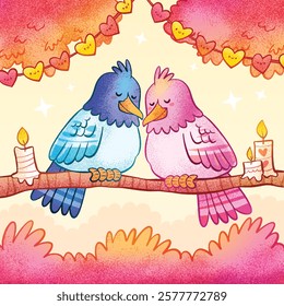 Cute cartoon lovebirds, blue and pink birds sitting on branch, romantic scene, heart garlands, candles, starry background, warm colors, valentines day theme, digital illustration, kawaii style, textur