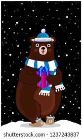 Cute cartoon lovely bear character in santa hat and scarf with present box on snowy winter night landscape background. Christmas, new, year, valentines, birthday greeting card vector illustration.