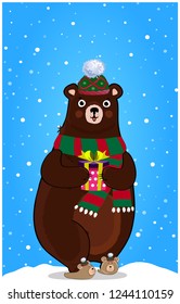 Cute cartoon lovely bear character in knitted hat and scarf with present box on snowy winter landscape background. Christmas, happy new, year, valentines, birthday greeting card vector illustration.