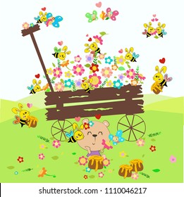 cute cartoon lovely bee,butterfly,bear fall in love, happy and funny with flower in wooden cart and a pot of honey.