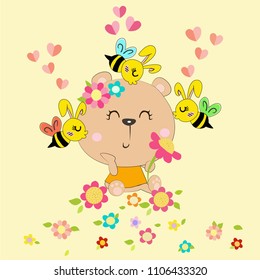 Cute cartoon lovely bees kissing baby bear with heart and flowers component.