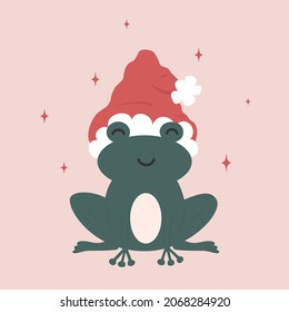 Cute cartoon lovely character frog with santa claus hat funny christmas vector illustration for greeting card