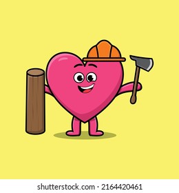 Cute cartoon lovely heart as carpenter character with ax and wood in 3d modern style design