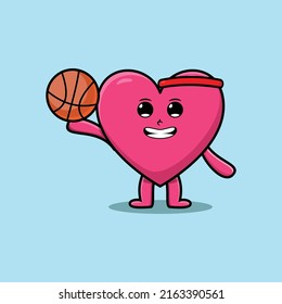Cute cartoon lovely heart character playing basketball
