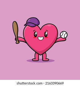Cute cartoon lovely heart character playing baseball in modern style design