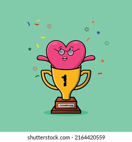 Cute cartoon lovely heart character in trophy in concept 3d cartoon style