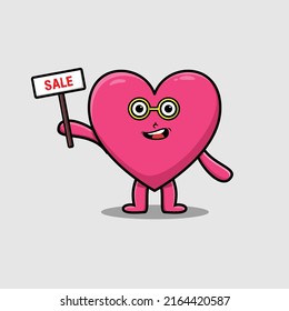 Cute cartoon lovely heart character holding sale sign designs in concept 3d cartoon style