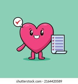 Cute cartoon lovely heart character holding checklist note in concept 3d cartoon style