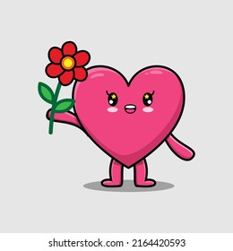 Cute cartoon lovely heart character holding red flower in concept 3d cartoon style