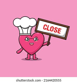 Cute cartoon lovely heart chef character holding close sign designs in concept 3d cartoon style
