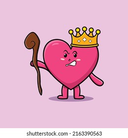 Cute cartoon lovely heart mascot as wise king with golden crown and wooden stick