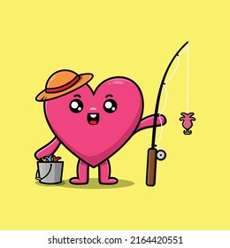 Cute cartoon lovely heart ready fishing wearing fishing equipment cartoon character