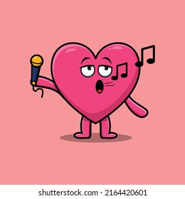 Cute cartoon lovely heart singer character holding mic in 3d modern style design