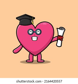 Cute cartoon lovely heart student character on graduation day with toga in concept 3d cartoon style