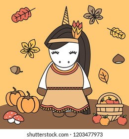 cute cartoon lovely native indian american female unicorn thanksgiving vector illustration