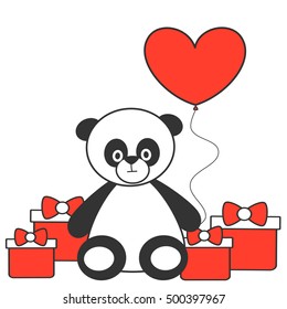 cute cartoon lovely panda with heart balloon and gift box vector illustration 