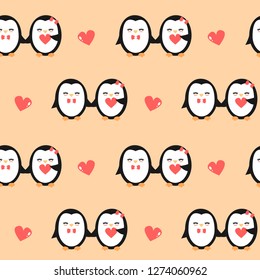 cute cartoon lovely penguins couple seamless vector pattern background illustration