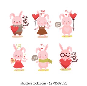Cute cartoon lovely rabbit with pink large heart and hand drawn text. Vector illustration for web, site, greeting card, valentines day poster