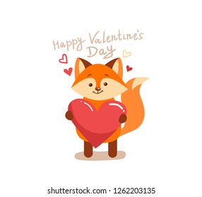 Cute cartoon lovely red fox with pink large heart and text happy valentines day. Vector illustration for web, site, greeting card, valentines day poster