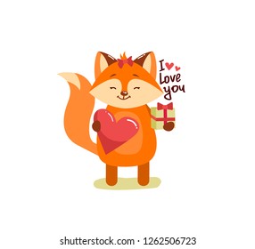 Cute cartoon lovely red fox with pink large heart and text i love you. Vector illustration for web, site, greeting card, valentines day poster