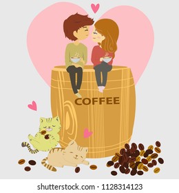 Cute cartoon a lover drinking hot coffee on wooden canakin bucket and cat enjoy eating a coffee bean,illustration vector doodle comic art.