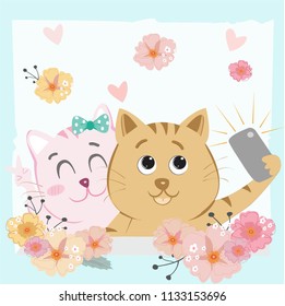 cute cartoon a lover  kitty cat are selfie with flower, illustration vector by freehand doodle comic art.