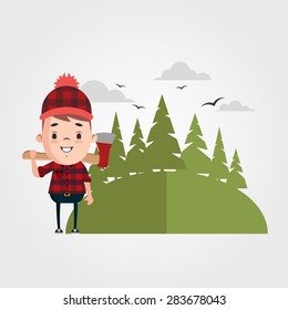 Cute Cartoon Lumberjack with Axe in the Forest