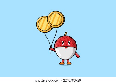 Cute cartoon Lychee businessman floating with gold coin balloon cartoon vector illustration