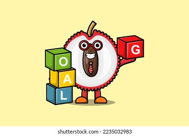 Cute cartoon Lychee businessman stacking goal box in flat modern style design