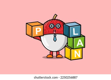 Cute cartoon Lychee businessman stacking plan box in flat modern style design