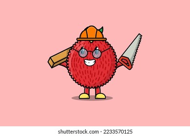 Caricatura ligera de Lychee como carpintero con sierra y madera en un diseño de estilo moderno y plano