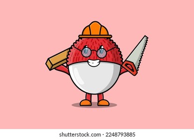 Caricatura ligera de Lychee como carpintero con sierra y madera en un diseño de estilo moderno y plano