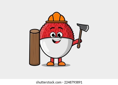 Cute cartoon Lychee as carpenter character with ax and wood in flat modern style
