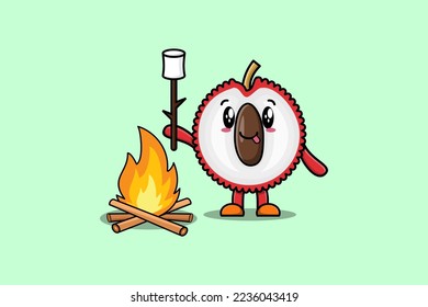 Cute cartoon Lychee character is burning marshmallow