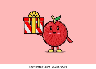 Caricatura ligera del personaje liqués saliendo de una gran caja de regalo se ve tan feliz estilo de dibujos animados planos