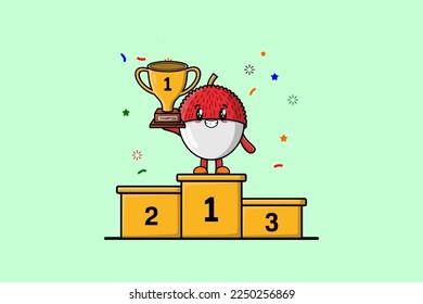 Cute cartoon Lychee character as the first winner with happy expression in modern illustration