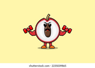 Cute cartoon Lychee character is fitness with barbell in modern style design