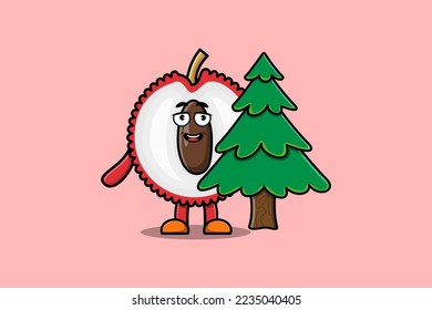Cute cartoon Lychee character hiding tree in flat modern design in modern style design