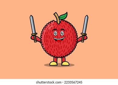 Cute cartoon Lychee character holding two sword in 3d modern design illustration